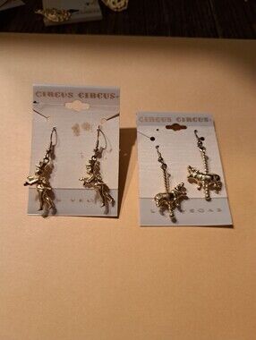 New Circus Circus Las Vegas Gold Tone Flying Cupid And Carousel Rhino Earrings